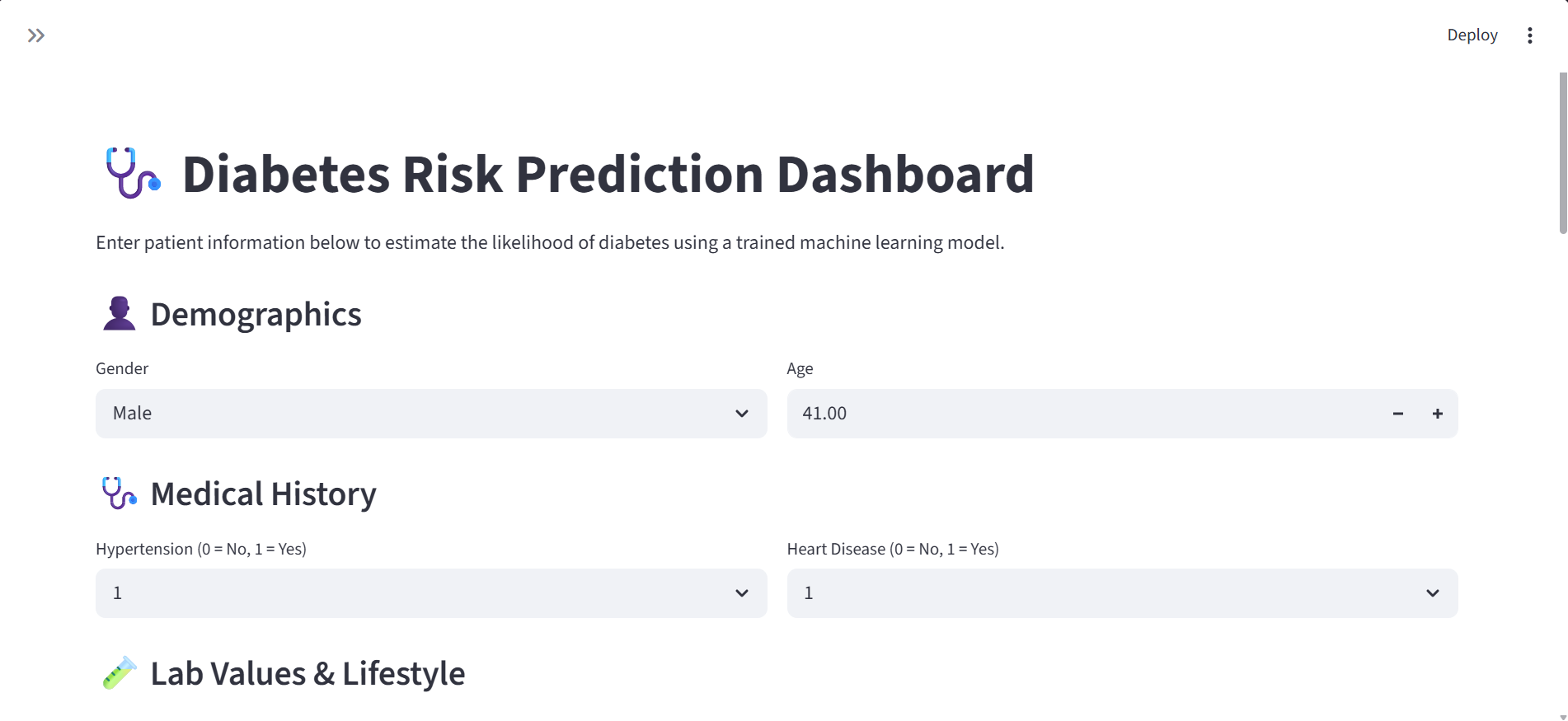 Machine Learning Diabetes Risk Prediction Application screenshot